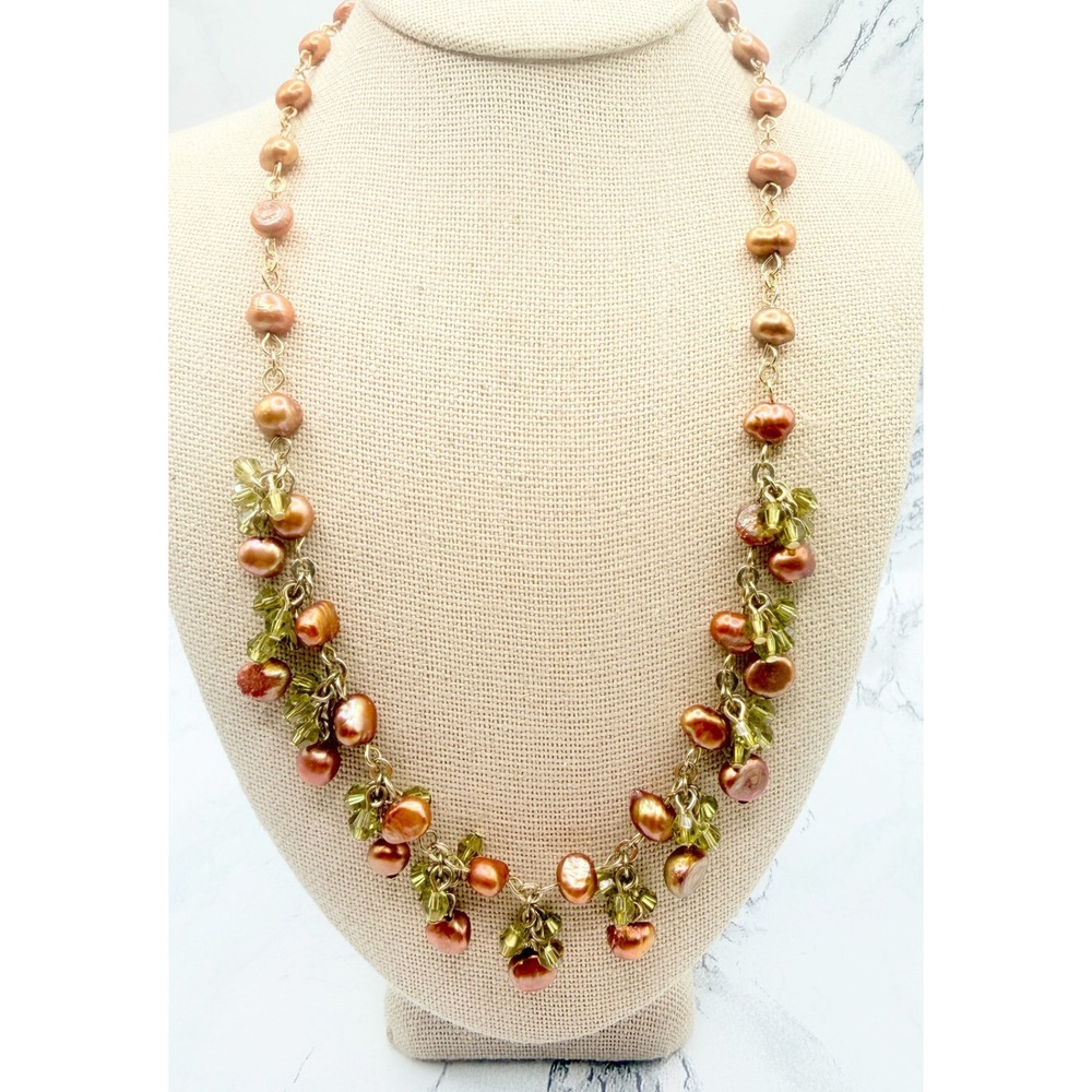 Sarah Coventry Copper Green Glass Bead Cluster Bib Necklace Gold Tone 16-18"